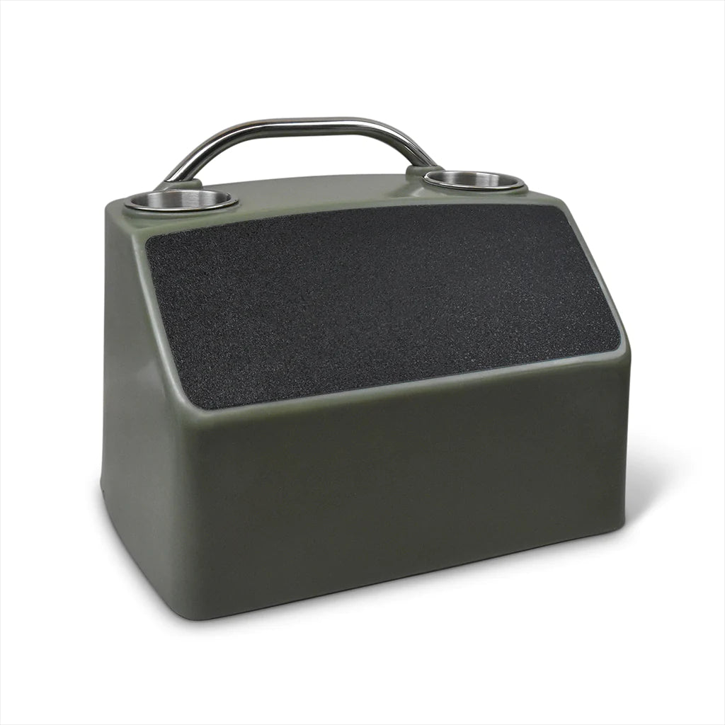 RPD 519 ultra-compact olive green polyethylene helm console with two cup holders and a silver handle.