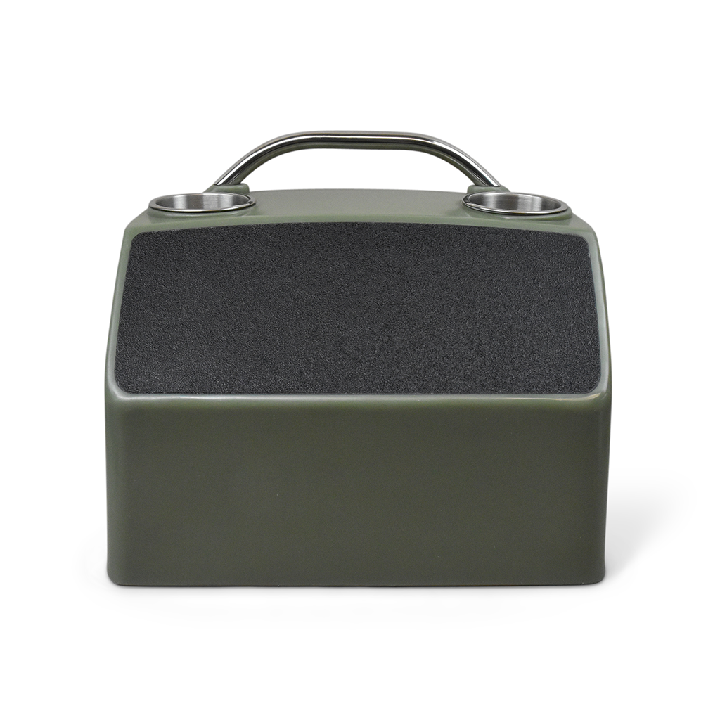 Olive green RPD 519 ultra-compact rotationally molded polyethylene console for Jon boats with two cup holders and a handle.