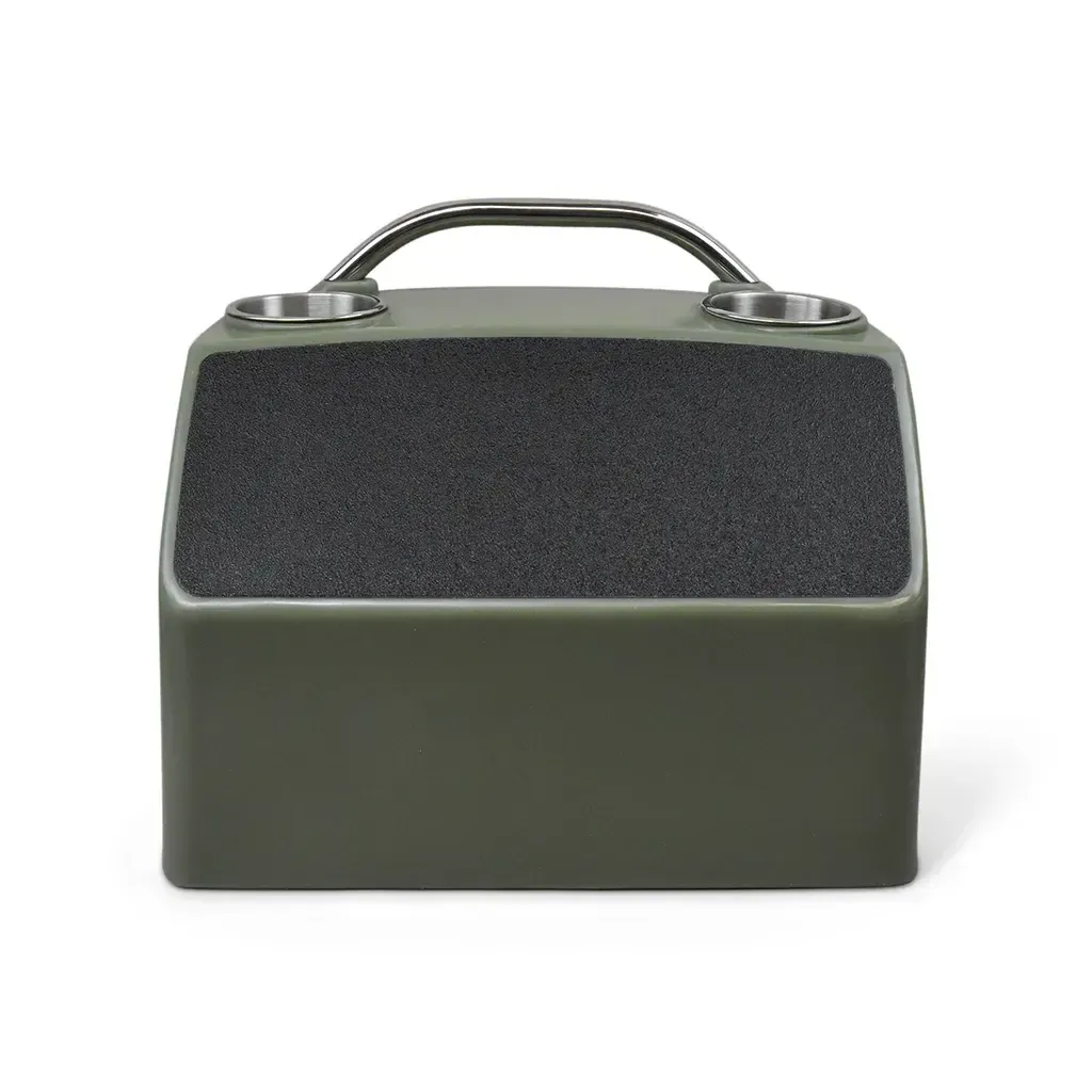 Olive green RPD 519 ultra-compact rotationally molded polyethylene console for Jon boats with two cup holders and a handle.