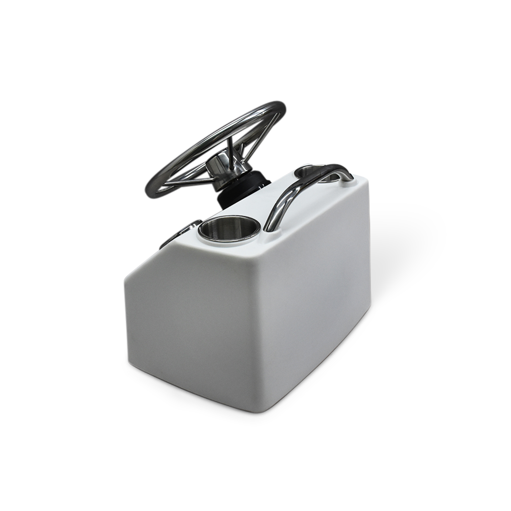 White RPD 519 ultra-compact rotationally molded polyethylene helm console for Jon boats, with steering wheel and cup holder.