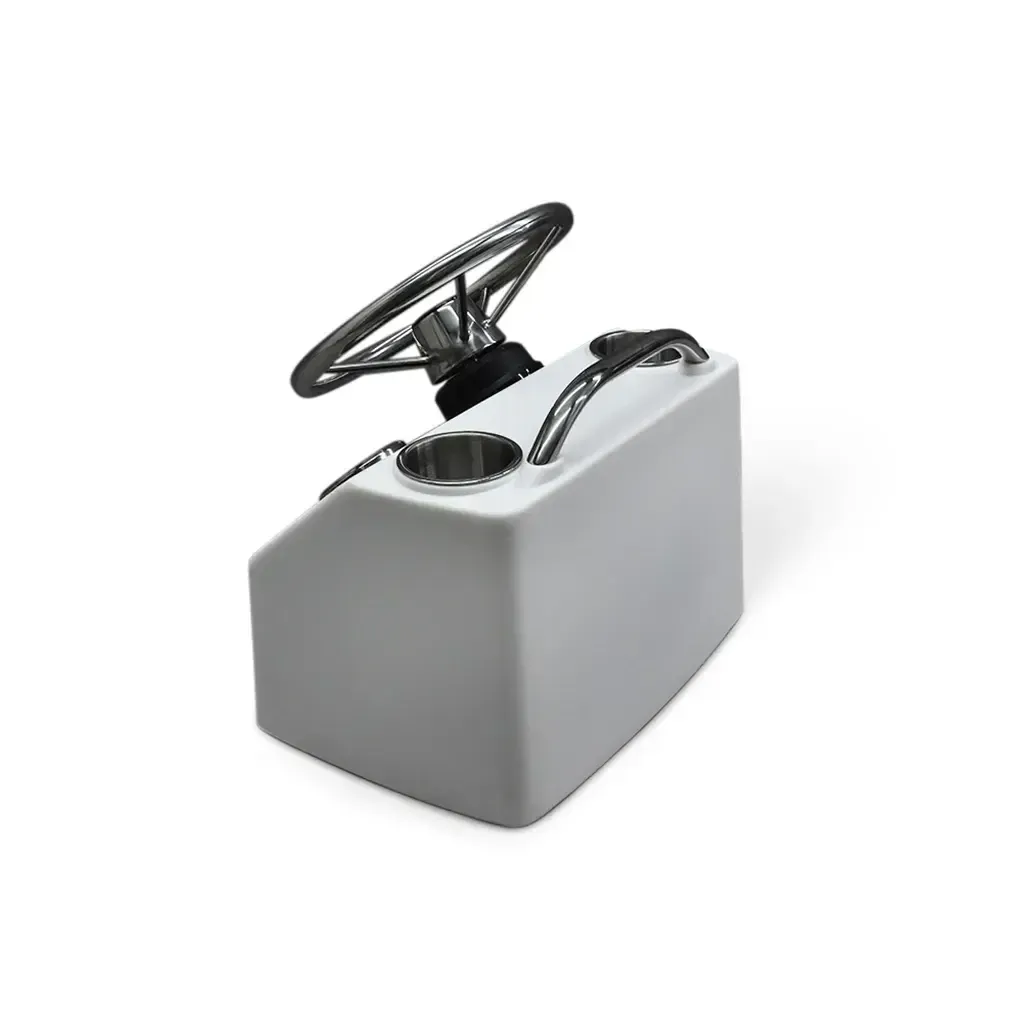 White RPD 519 ultra-compact rotationally molded polyethylene helm console for Jon boats, with steering wheel and cup holder.