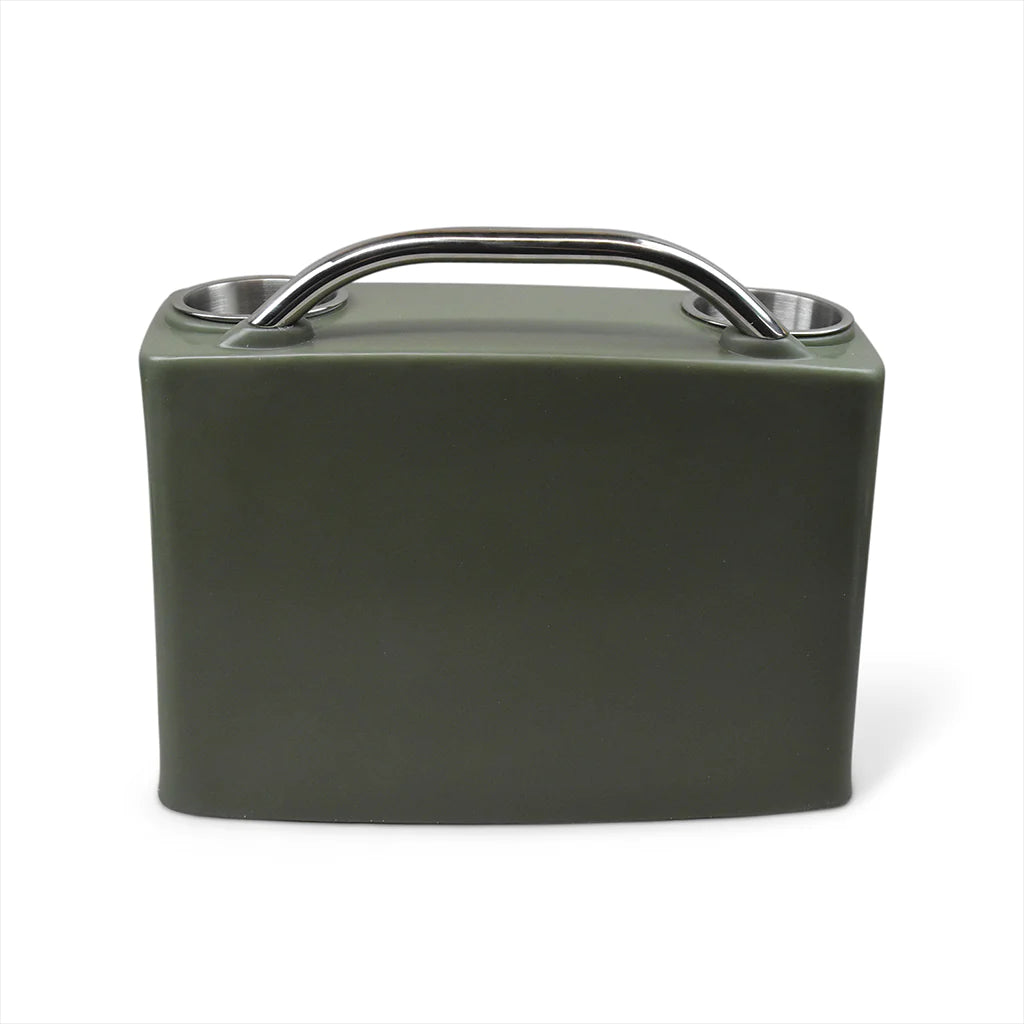 RPD 519 ultra-compact olive green polyethylene console for Jon boat, with two cup holders and a metal handle.