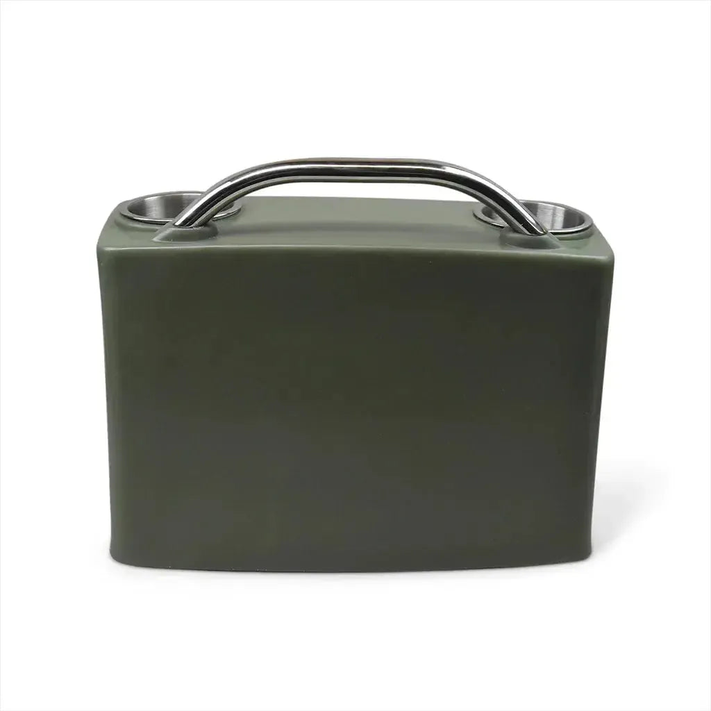 RPD 519 ultra-compact olive green polyethylene console for Jon boat, with two cup holders and a metal handle.