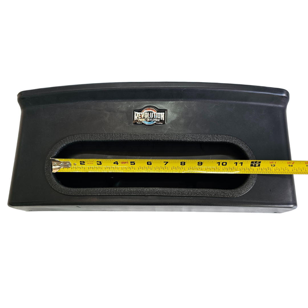 Black RPD Revolution Vertical Tackle Storage Tray with a tape measure showing its 12-inch width.