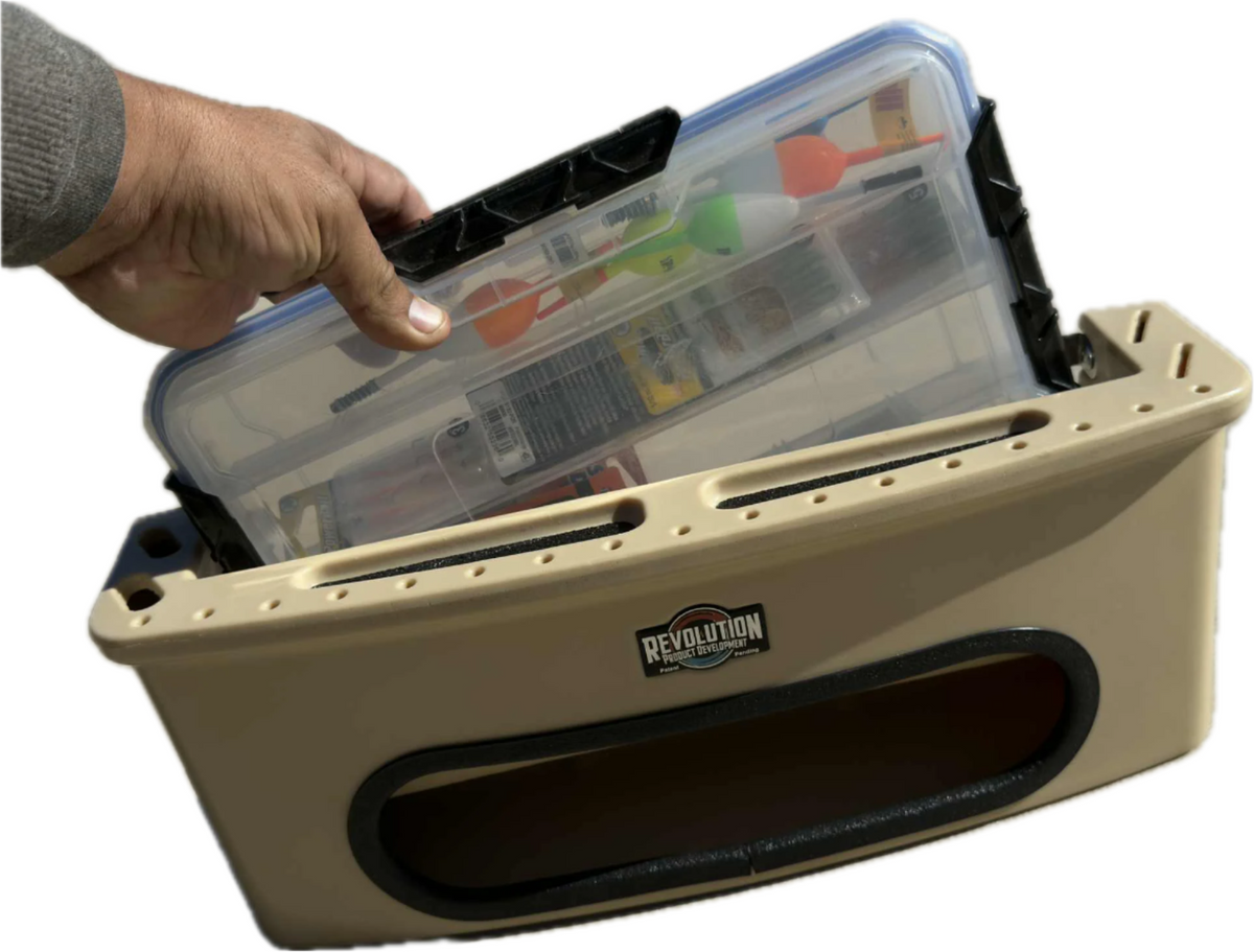 Tan RPD Revolution vertical tackle storage tray with a clear Plano 3700 box being inserted.