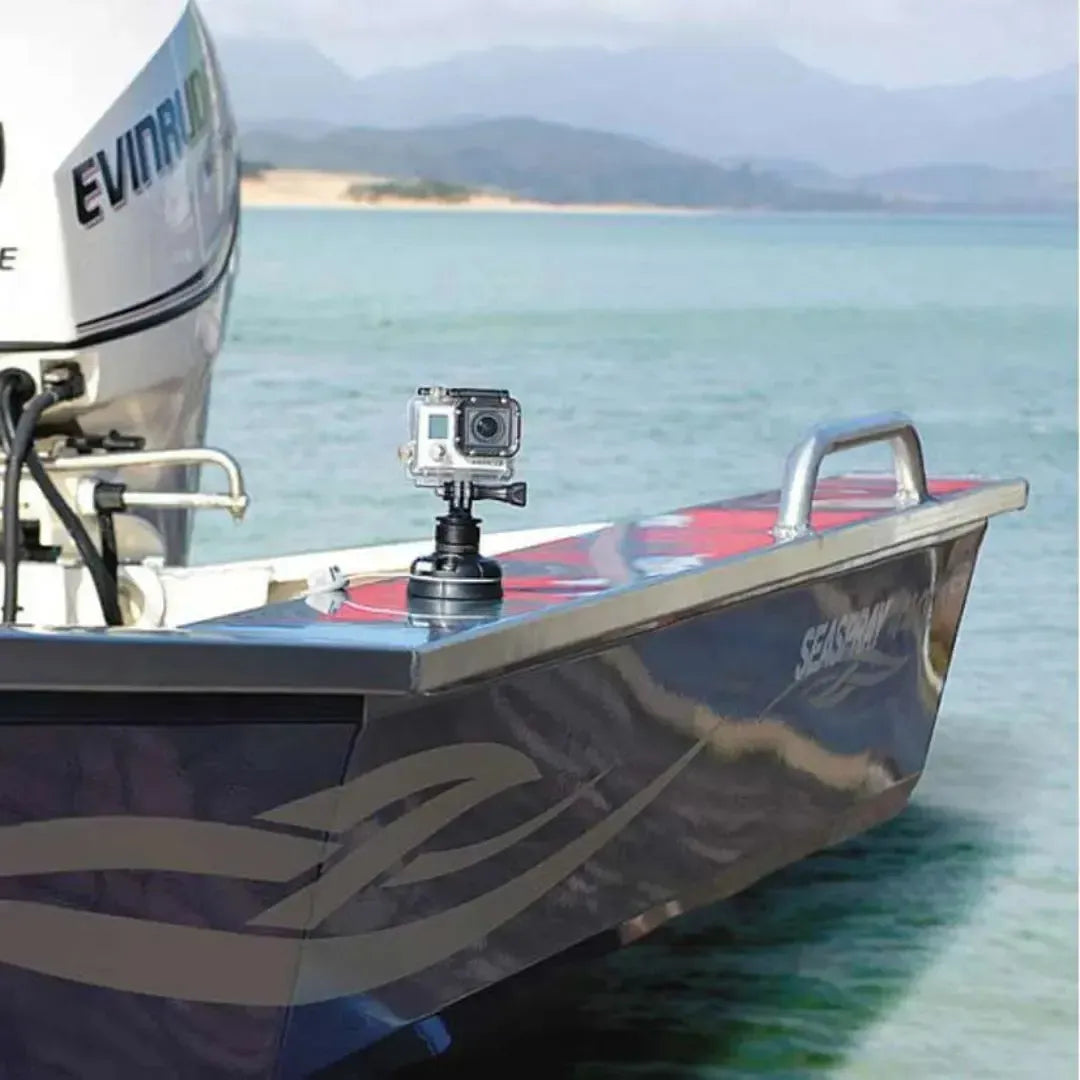Railblaza Camera Mount Adapter with a GoPro attached to a boat, capturing an ocean view.