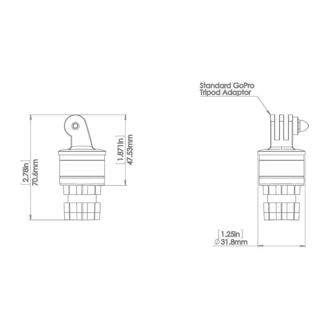 Technical drawing of the black Railblaza Camera Mount Adapter with GoPro adaptor, showing dimensions.