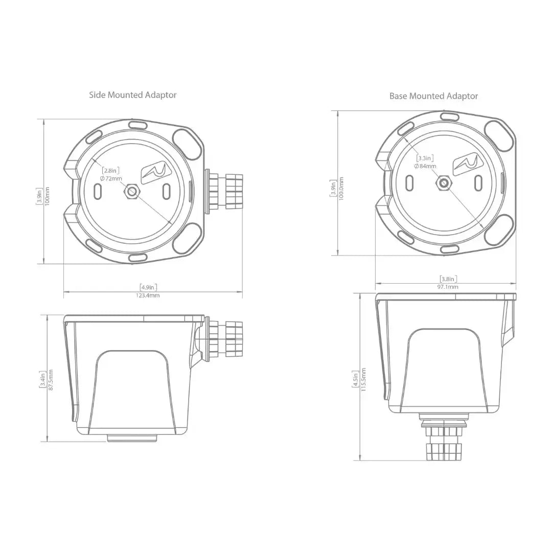 Technical drawing of the Railblaza DrinkHold, showing side and base mounted adaptors with dimensions.