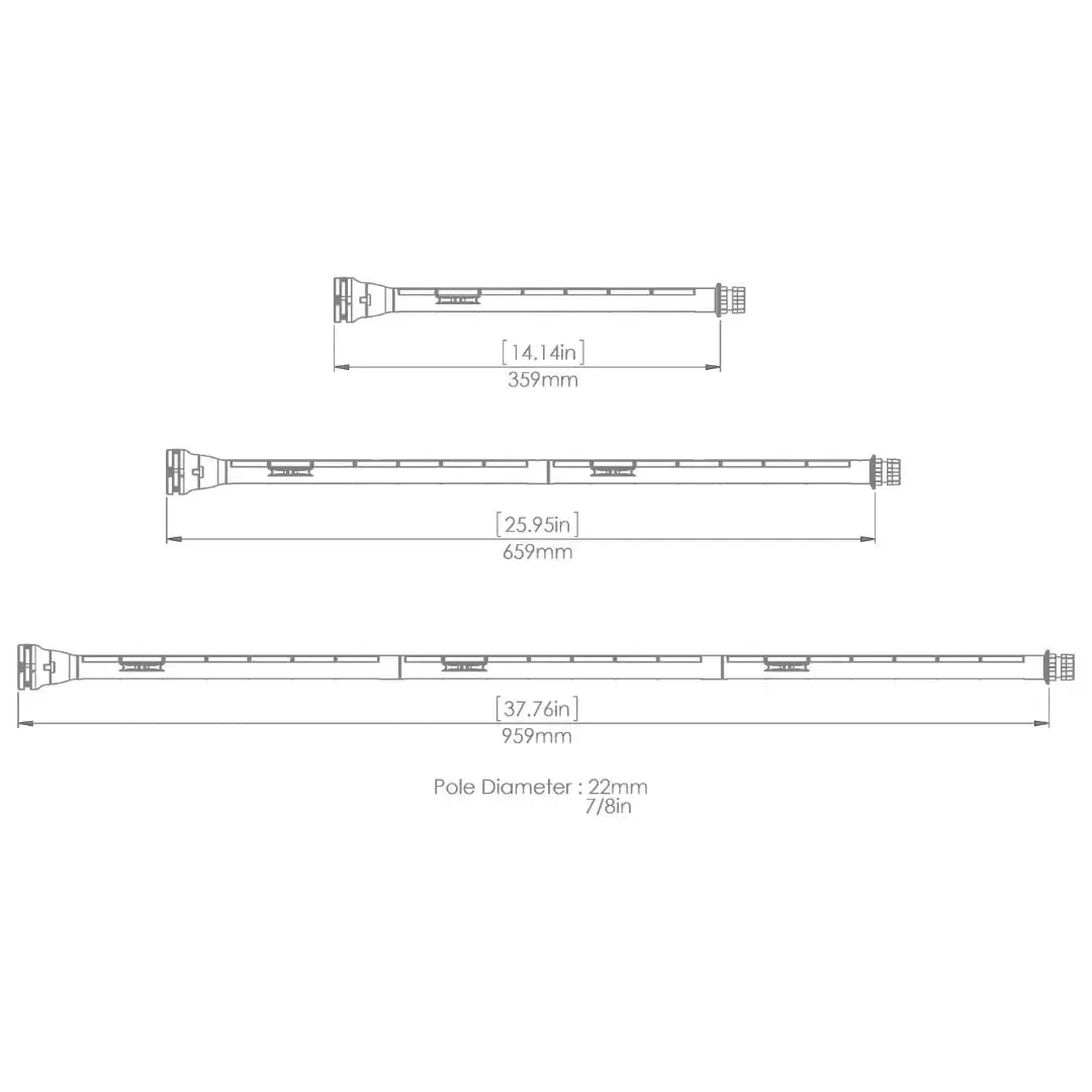 White diagram of the Railblaza Extenda Pole 1000, showing its three modular sections with dimensions.