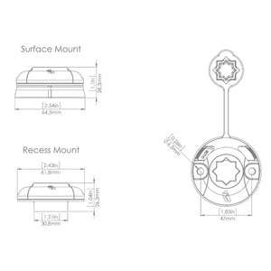 Diagram of Railblaza StarPort Base dimensions for surface and recess mounts, showing black plastic design.