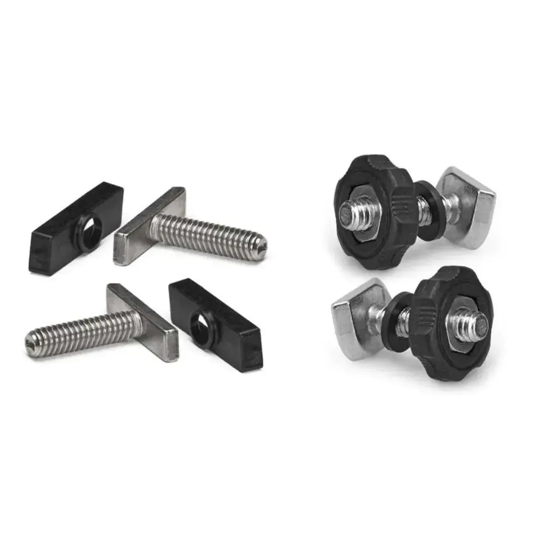 Railblaza TracMount hardware: two black plastic track nuts and two stainless steel bolts with black knobs.