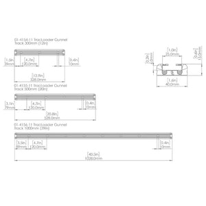 Technical drawing of three silver anodized aluminum Railblaza TracLoader Gunnel Tracks with dimensions.