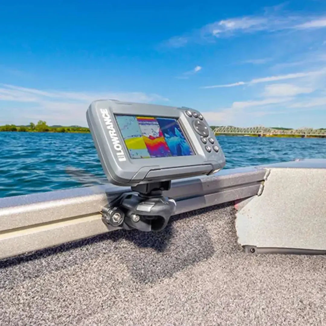 Gray Railblaza Trackloader Sideport mounting a Lowrance fish finder on a boat's gunnel track.