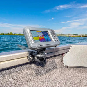 Gray Railblaza Trackloader Sideport mounting a Lowrance fish finder on a boat's gunnel track.