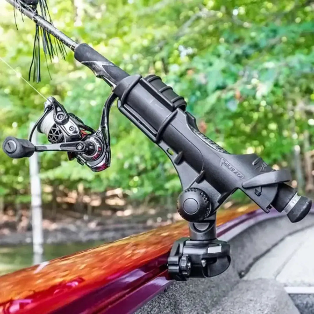 Black Railblaza Trackloader Sideport rod holder mounted on a boat gunnel, securing a fishing rod and reel.