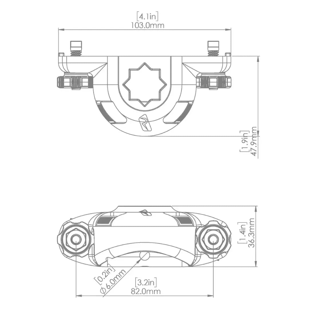 Technical drawing of the Railblaza Trackloader Sideport, showing top and front views with dimensions in inches and millimeters.