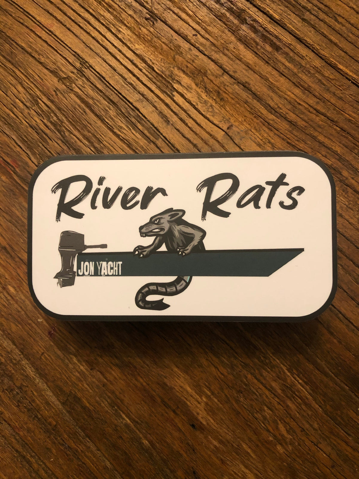 River Rats 4" decal with a rat on a boat, Jon Yacht, and an outboard motor.