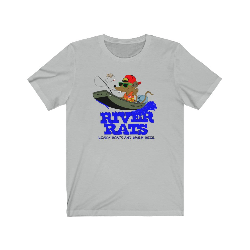 Light gray cotton tee with a cartoon rat fishing from a boat and "River Rats Leaky Boats and Warm Beer" text.