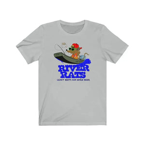 Light gray cotton tee with a cartoon rat fishing from a boat and "River Rats Leaky Boats and Warm Beer" text.