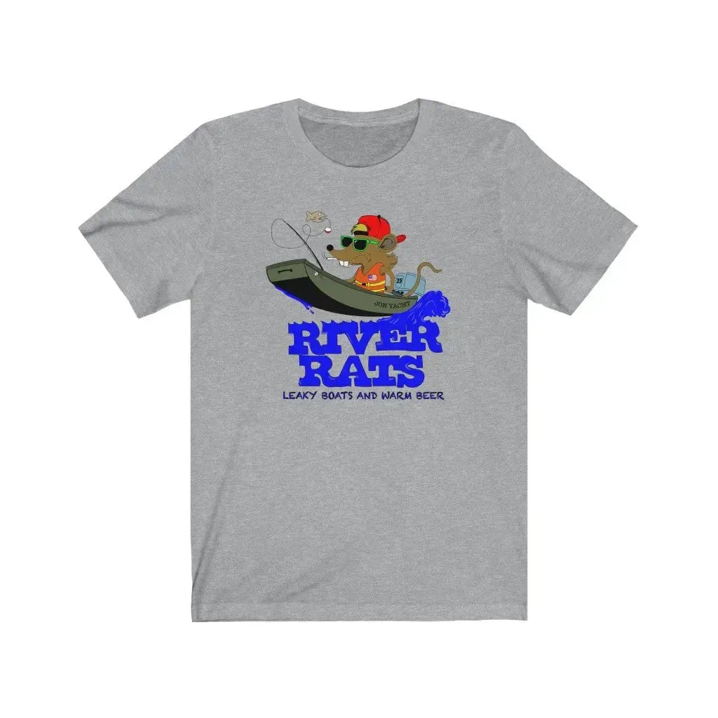 Gray cotton tee with "River Rats Leaky Boats and Warm Beer" text and a cartoon rat fishing in a boat.