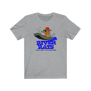 Gray cotton tee with "River Rats Leaky Boats and Warm Beer" text and a cartoon rat fishing in a boat.