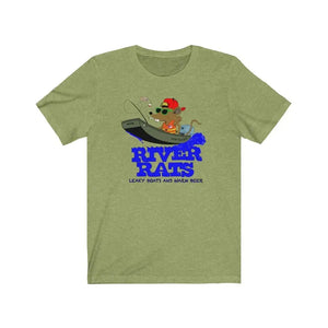 Olive green "River Rats Leaky Boats" tee with a cartoon rat fishing from a boat.