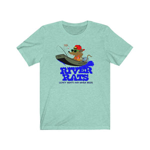 Light blue cotton tee with a cartoon rat fishing from a "Jon Yacht" boat and "RIVER RATS" text.