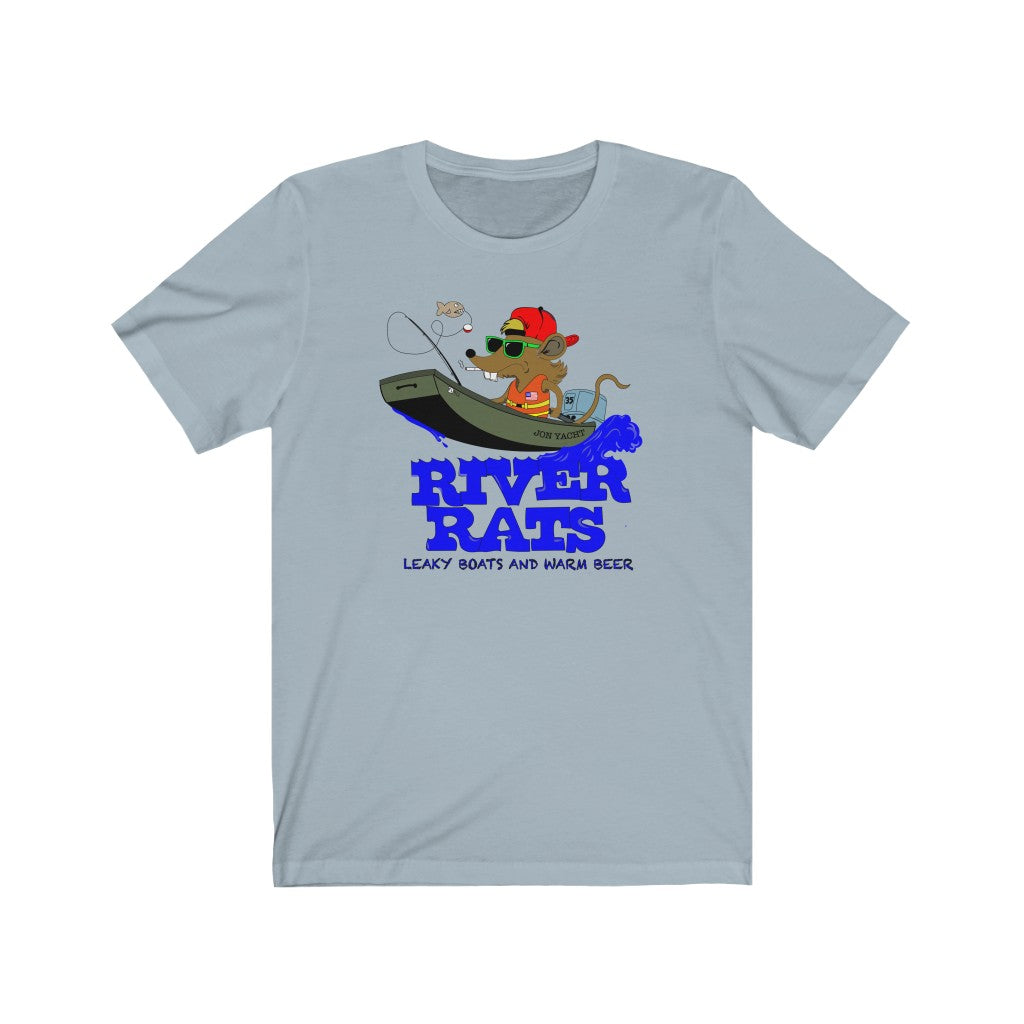 Light blue cotton tee with "River Rats Leaky Boats and Warm Beer" text and a rat fishing from a boat graphic.