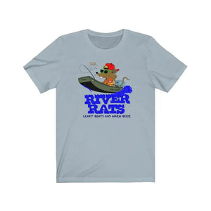 Light blue cotton tee with "River Rats Leaky Boats and Warm Beer" text and a rat fishing from a boat graphic.