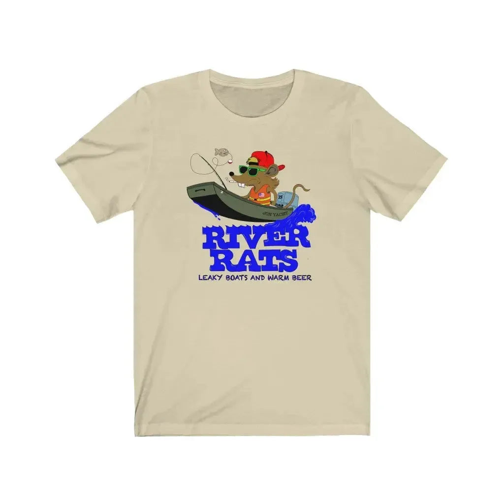 Beige cotton tee with a cartoon rat fishing in a "JOB YACHT" boat, "RIVER RATS" text.