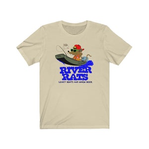 Beige cotton tee with a cartoon rat fishing in a "JOB YACHT" boat, "RIVER RATS" text.