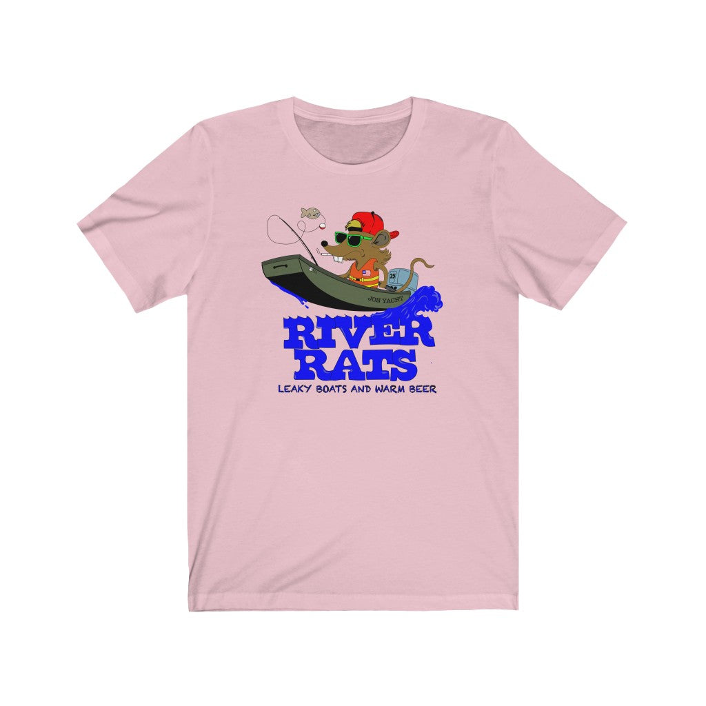 Pink cotton tee with "River Rats" graphic featuring a rat fishing from a leaky boat.