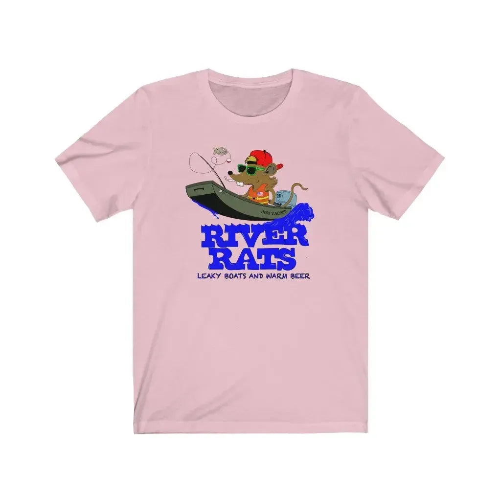 Pink cotton tee with "River Rats" graphic featuring a rat fishing from a leaky boat.
