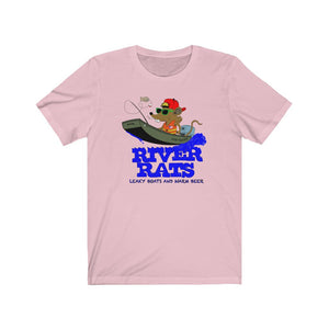 Pink cotton tee with "River Rats" graphic featuring a rat fishing from a leaky boat.