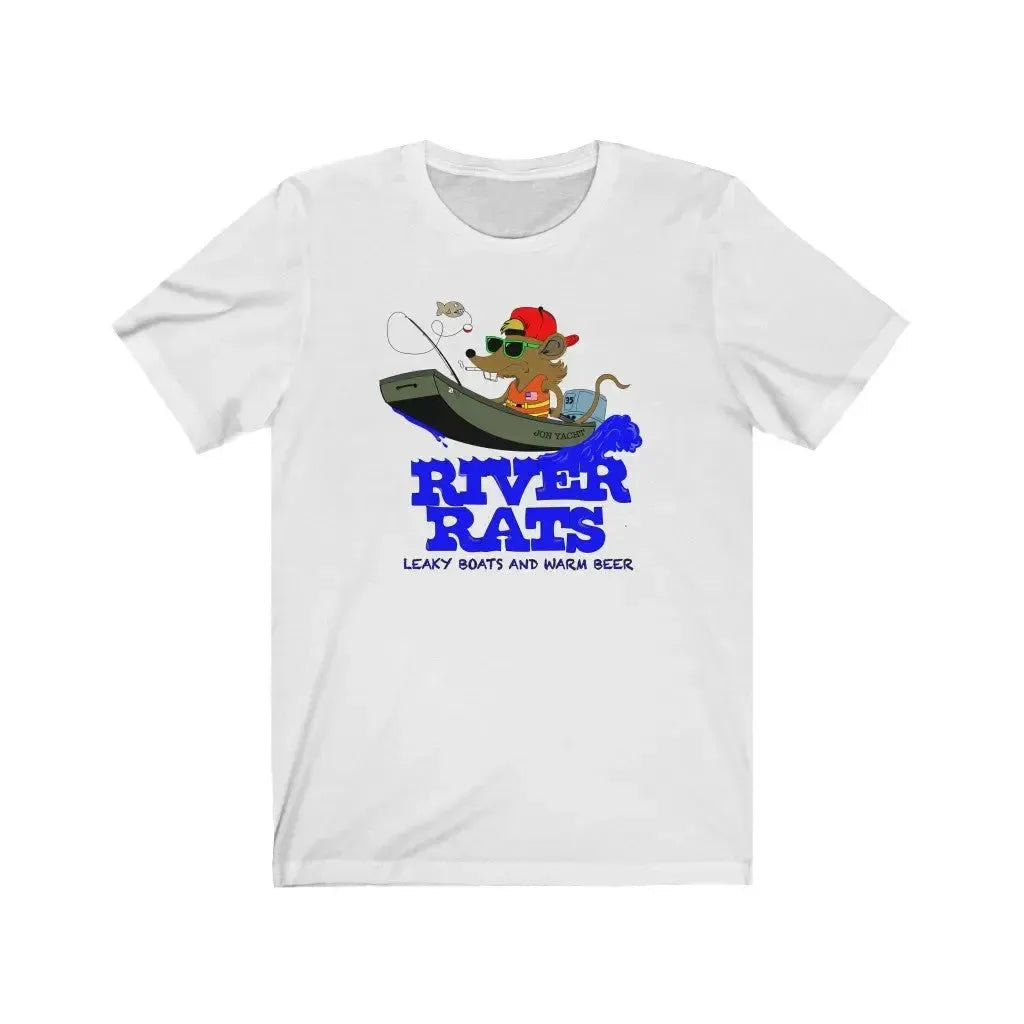 White cotton t-shirt with a cartoon rat fishing from a "JOB YACHT" boat, "RIVER RATS" and "LEAKY BOATS AND WARM BEER" text.