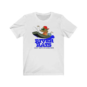 White cotton t-shirt with a cartoon rat fishing from a "JOB YACHT" boat, "RIVER RATS" and "LEAKY BOATS AND WARM BEER" text.