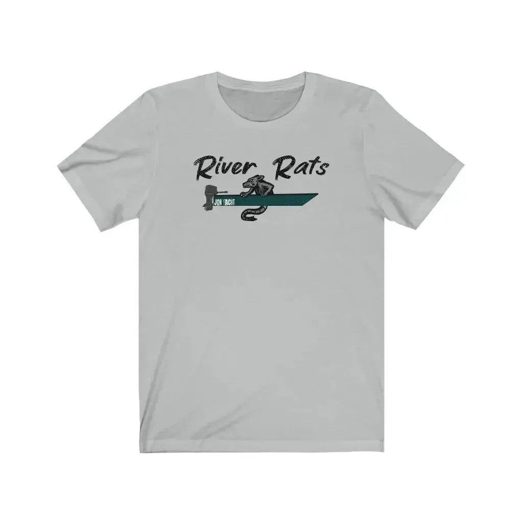 Light gray cotton tee with "River Rats" text and a snake in a jon boat design.