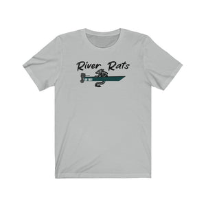 Light gray cotton tee with "River Rats" text and a snake in a jon boat design.