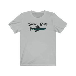 Light gray cotton tee with "River Rats" text and a snake in a jon boat design.