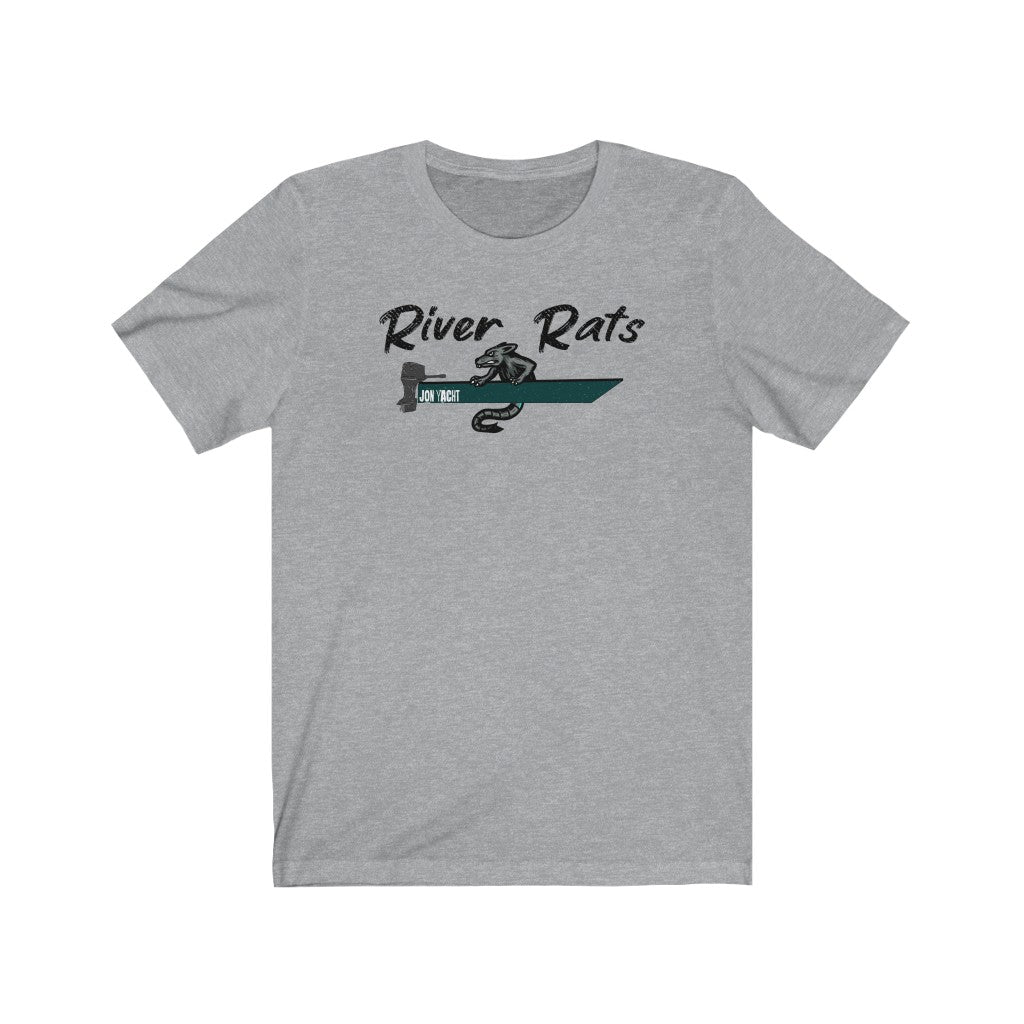 Light gray short sleeve t-shirt with "River Rats" text and a rat driving a green boat graphic.