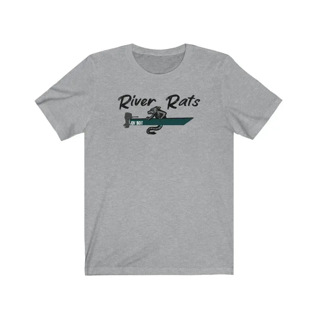 Light gray short sleeve t-shirt with "River Rats" text and a rat driving a green boat graphic.