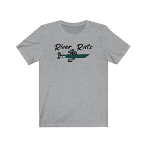 Light gray short sleeve t-shirt with "River Rats" text and a rat driving a green boat graphic.
