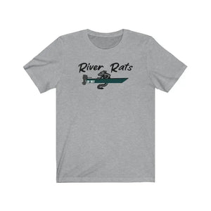 Light gray short sleeve t-shirt with "River Rats" text and a rat driving a green boat graphic.