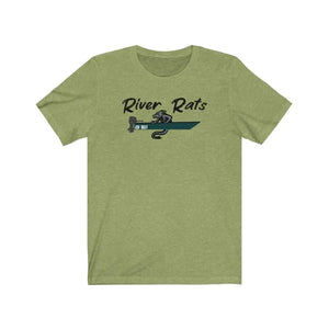 River Rat OG olive green short sleeve t-shirt with a rat in a boat graphic.