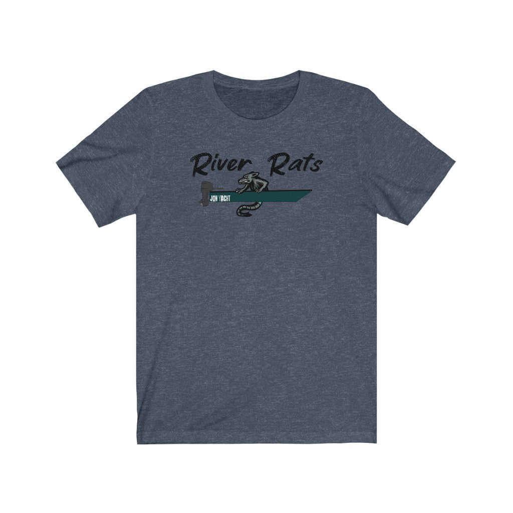 Heather navy short sleeve tee with "River Rats" text and a rat in a green boat graphic.
