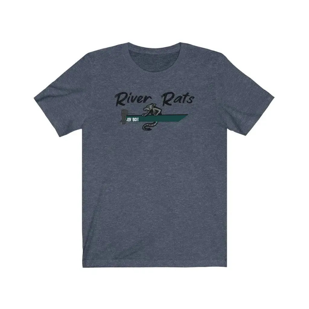 Heather navy short sleeve tee with "River Rats" text and a rat in a green boat graphic.