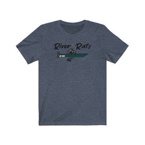 Heather navy short sleeve tee with "River Rats" text and a rat in a green boat graphic.