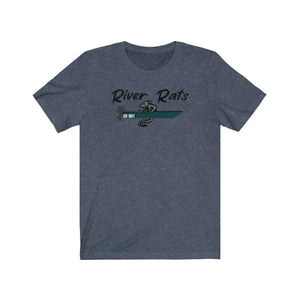 Heather navy short sleeve tee with "River Rats" text and a rat in a green boat graphic.