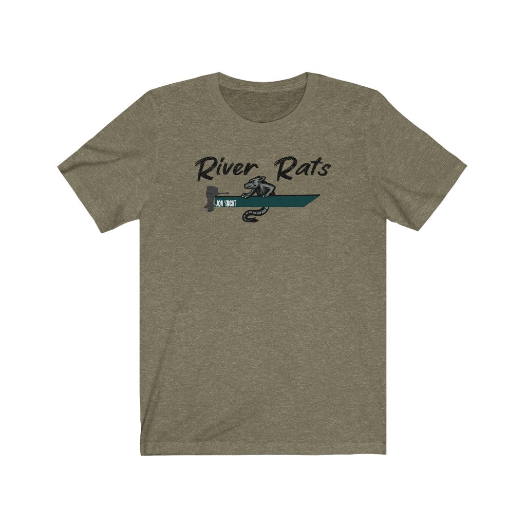 Olive green "River Rats" t-shirt with a rat rowing a boat design.