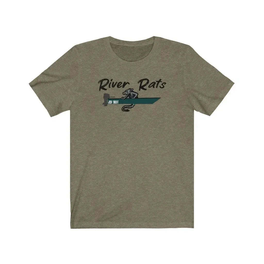 Olive green "River Rats" t-shirt with a rat rowing a boat design.